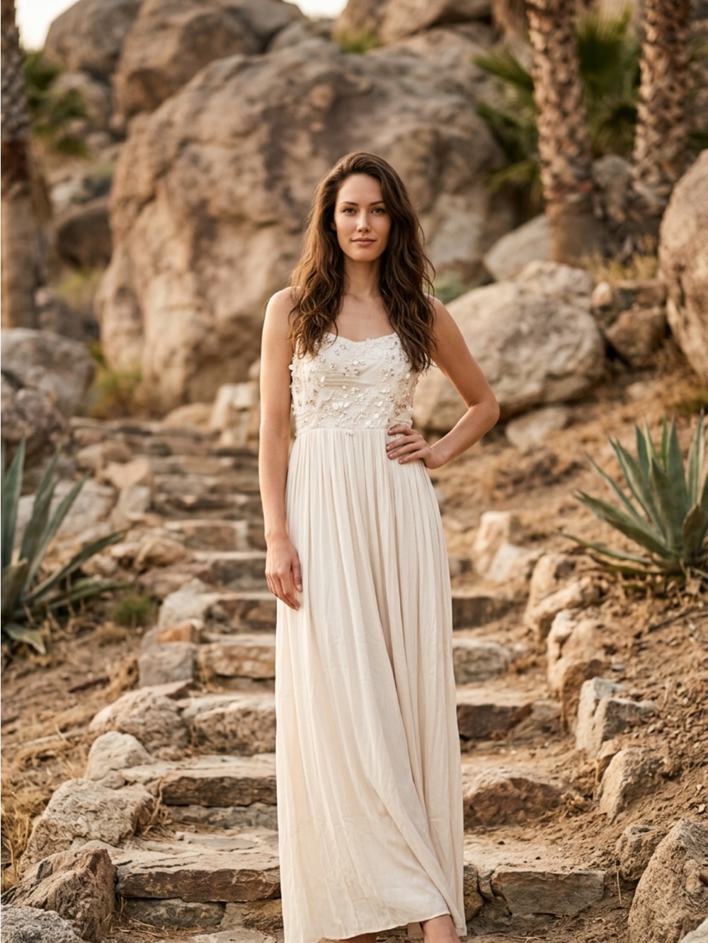 Flowing Cream Embellished Maxi Dress